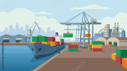 Industrial cargo port with container ship, cranes, and logistics operations