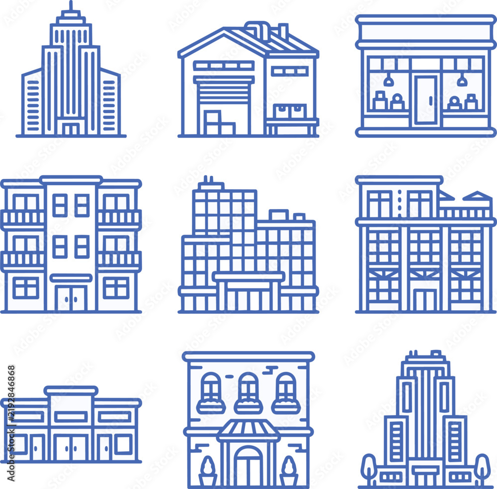 Fototapeta premium Set of blue line icons depicting various modern building structures