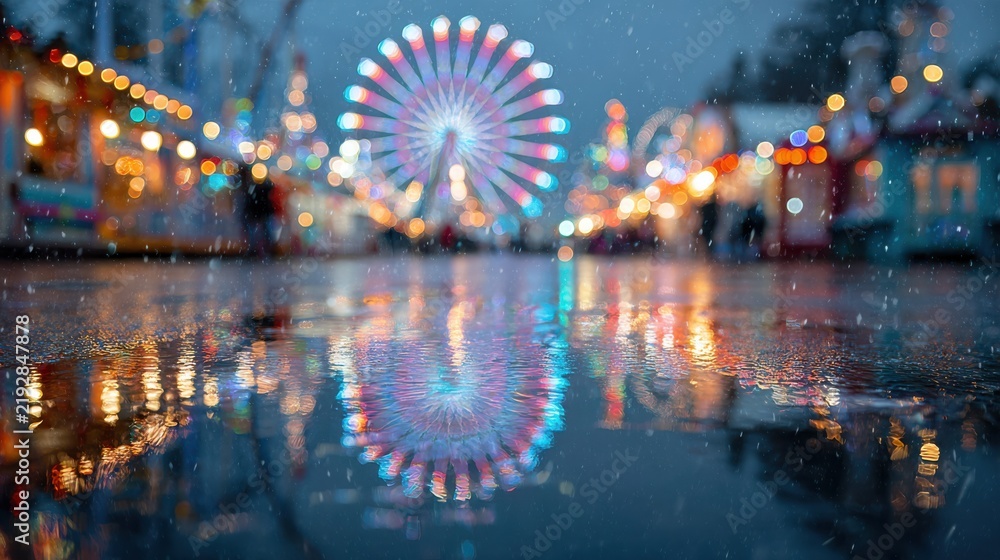Obraz premium Festive Christmas park background featuring soft lights, blurred attractions and winter colors .