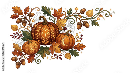 Decorative autumn corner border with ornate pumpkins, colorful fall leaves, acorns, and elegant swirls on a white background