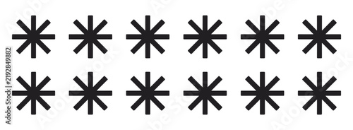 Bild auf Leinwand Star Pattern: A simple and clean graphic featuring a symmetrical arrangement of ten bold black asterisk symbols on a plain white background, creating a visually striking pattern