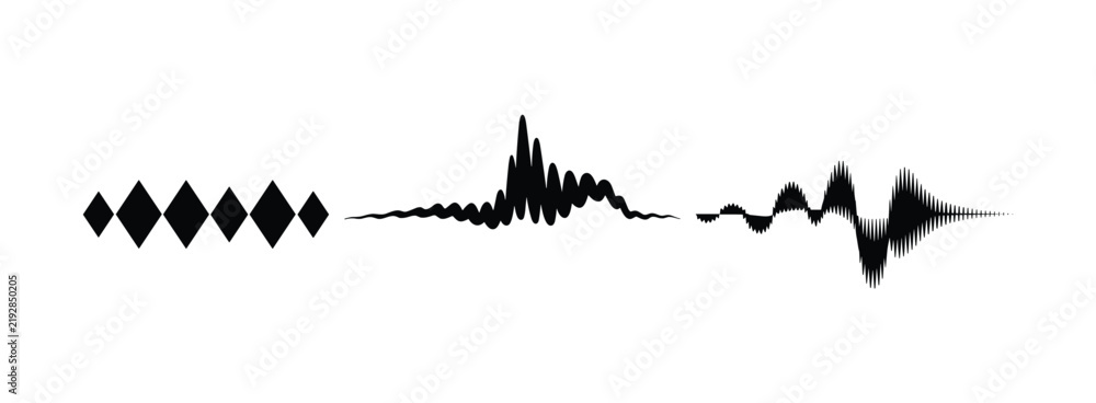 Obraz premium Sound Waveforms and Diamonds: A graphic representation of diverse sound waves and geometric diamond shapes, conveying a sense of data, technology, or audio signal analysis.