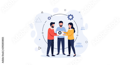 Teamwork and Collaboration: People working together on a project with gears symbolizing progress and synergy.