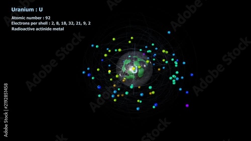 Atom of Uranium with its 92 Electrons in infinite orbital rotation on a black background