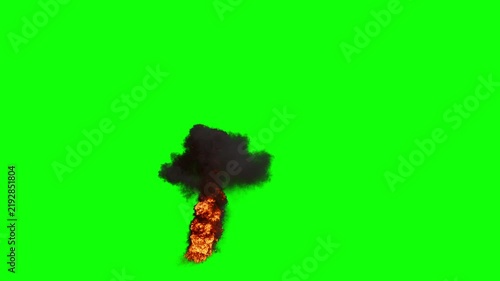 High Angle view of Small Oil Fire with Tall Flames in varying Orange and Dense Smoke Plume with fast Dissipation on a perfect Green Background