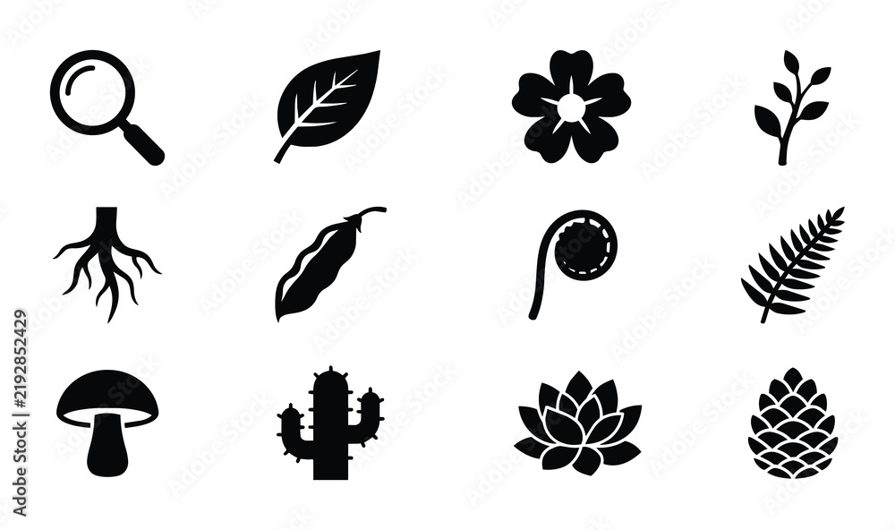 Obraz premium Nature Icons Set: Botanical Elements, Flora, Fauna, Science Symbols, Magnifying Glass, Plant Growth, Organic Shapes, Vector Graphics for Ecology and Biology