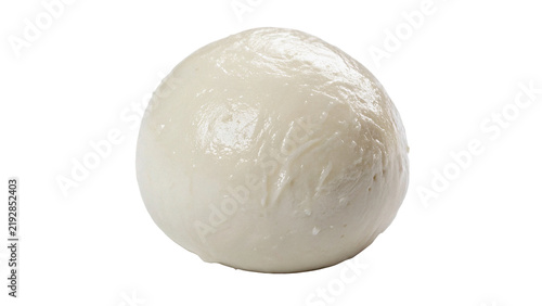 Whole round soft white mozzarella cheese ball slice isolated on transparent background.