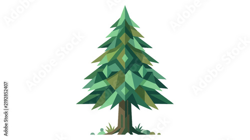 Contemporary geometric pine tree illustration, rendered with a clean, low-poly style and a vibrant palette of green hues, suitable for modern environmental and nature graphics