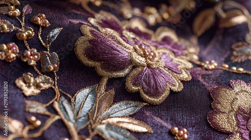 sewing. Luxurious textile with intricate floral embroidery and metallic accents, highlighting rich textures. gardening catalogs, home-decor guides, designed for home decor and floral branding.