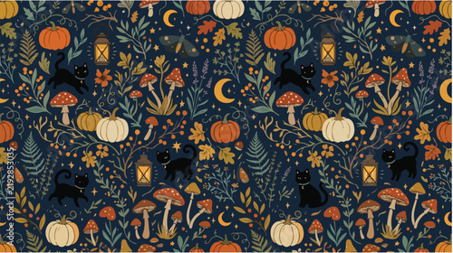 Halloween Pattern Featuring Black Cats, Pumpkins, Mushrooms, and Lanterns in Dark Forest Environment Illustration