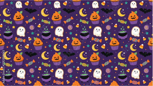 Halloween-themed seamless pattern with pumpkins, ghosts, witches, bats, and candy in colorful graphic design, festive spooky background, top view