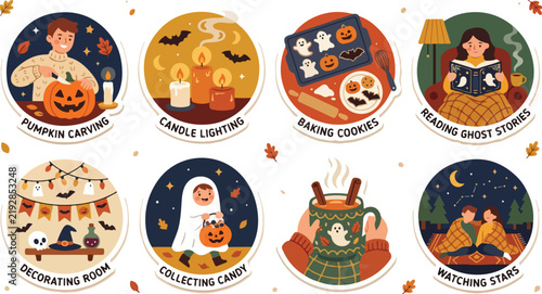 Children Engaged in Halloween Activities Including Pumpkin Carving, Cookie Baking, and Decorating at Home with Cozy Nighttime Ambiance