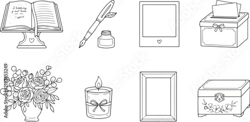 Hand-drawn stationary and decorative items including book, ink pen, tablet, flower vase, candle, picture frame, and storage box in black and white line art