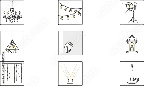 Decorative Lighting Fixtures Including Chandeliers, Lanterns, Candles, and String Lights in Stylish Indoor Setting