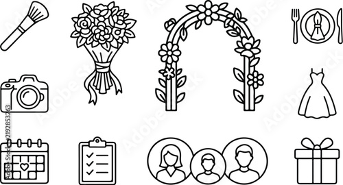 Outline icons set showcasing wedding, photography, gifts, and event planning symbols in a minimalist graphic design style