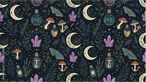 Magical Night Pattern Featuring Lanterns, Mushrooms, Moons, and Floral Elements in Dark Forest Background Illustration