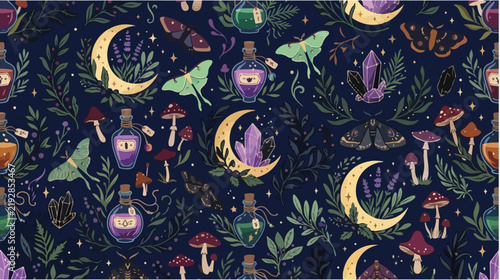 Magical Nighttime Scene with Moon, Plants, Potions, Owls, and Crystals in Dark Forest Illustration