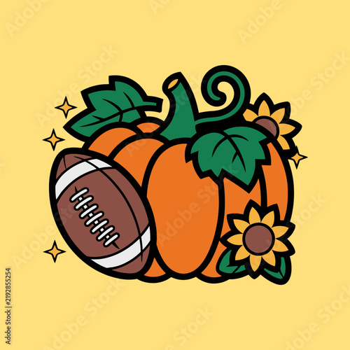 Cute Thanksgiving Pumpkin with Football and Sunflowers Illustration