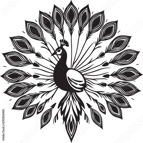 Elegant Peacock Bird Logo Vector Illustration with Ornamental Feathers, Decorative Tail and Botanical Style Design