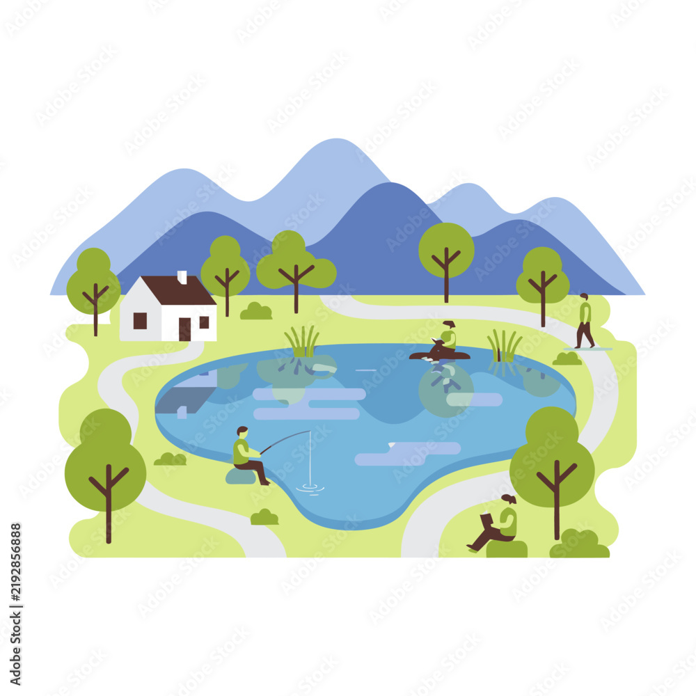 Obraz premium Modern Illustrated Scenic Pond with People Fishing and Relaxing Amidst Green Trees and Mountain