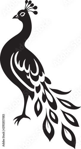 Elegant Peacock Bird Logo Vector Illustration with Ornamental Feathers, Decorative Tail and Botanical Style Design
