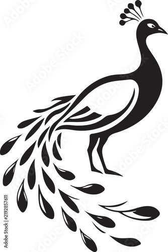 Elegant Peacock Bird Logo Vector Illustration with Ornamental Feathers, Decorative Tail and Botanical Style Design