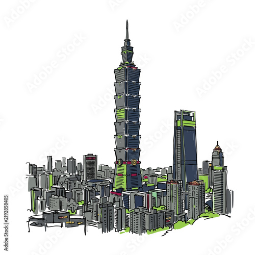 Skyscrapers city skyline sketch, tall buildings, urban landscape illustration