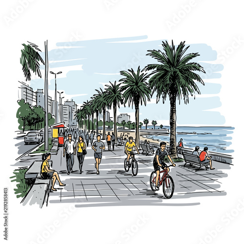Sunny boardwalk with palm trees, people cycling, jogging, and relaxing by the sea.