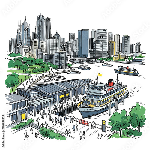 Sydney Harbour ferry terminal, city skyline, people, boats, green park - illustration