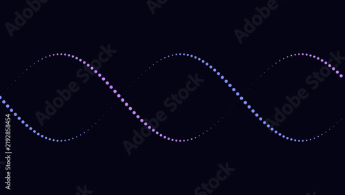 A flowing sine wave composed of purple and blue gradient dots on a dark background, abstract digital for technology and science