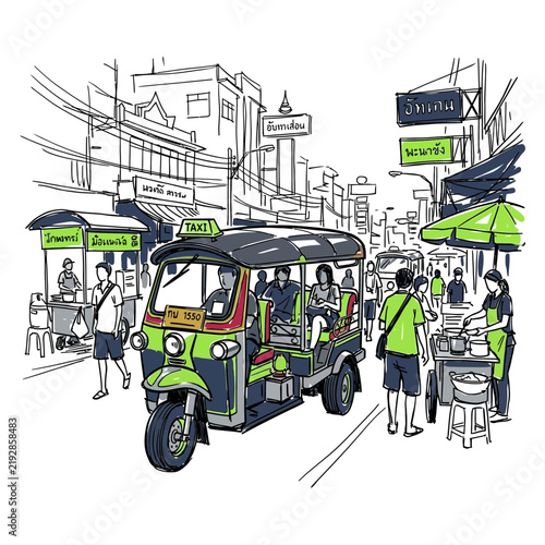 Tuk-tuk taxi driving through bustling street market sketch