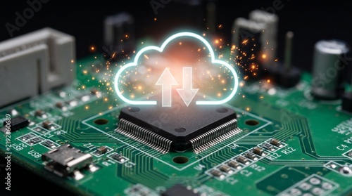 Obraz na płótnie Cloud computing symbol with upload and download arrows glowing over a computer circuit board data storage server technology cloud network data transfer digital cloud
