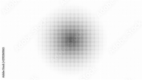Abstract background, with black halftone, dots forming a, circular gradient pattern, on a clean, and bright solid, white backdrop surface