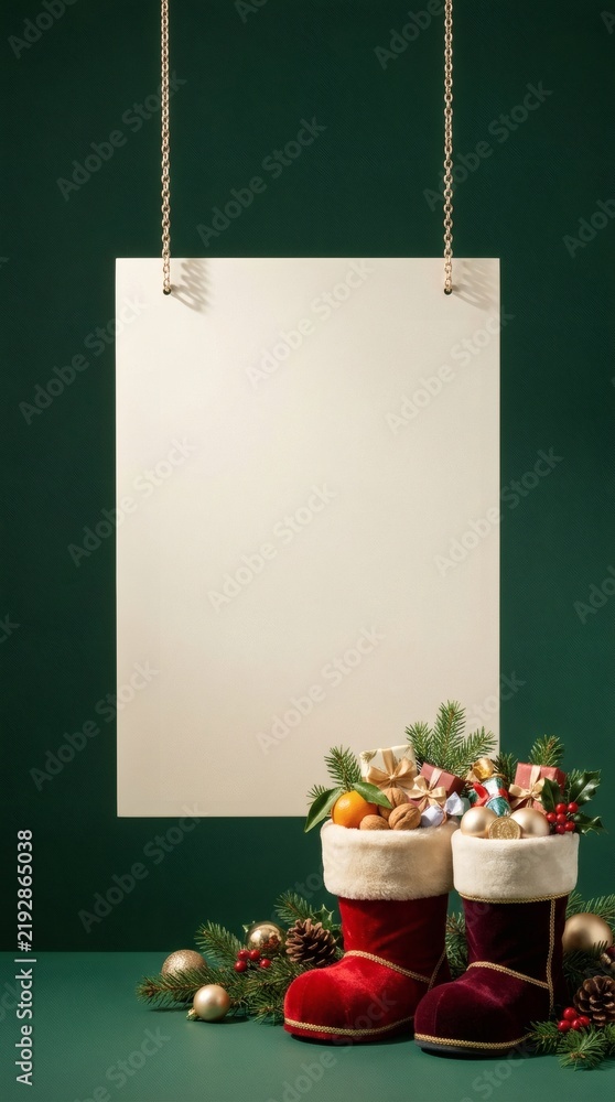 Fototapeta premium Blank paper mockup hanging over Christmas stockings with gifts on green background
