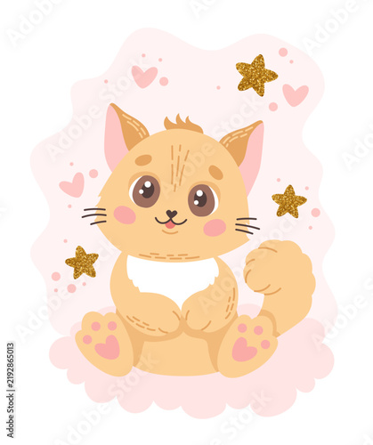 Cute cat character on a cloud. Playful baby shower birthday children poster vector illustration