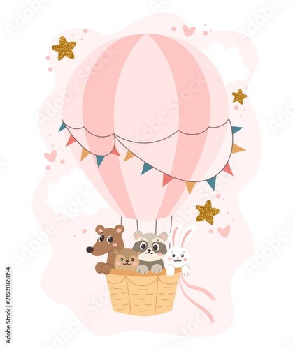 Cute baby animals on hot air balloon. Playful baby shower birthday children poster vector illustration
