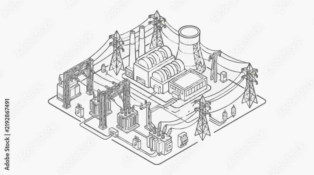 Fototapeta premium Isometric Power Plant Infrastructure with Electrical Transmission Network