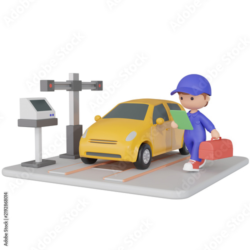 Tapety artystyczne 3D CG｜車検・自動車点検を行う整備士と黄色い車