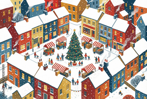 Beautiful isometric illustration of a festive snowy winter town square featuring a central decorated Christmas tree, cozy market stalls, colorful houses and walking people.