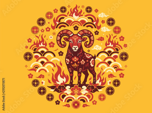 2027 Chinese New Year of the Red Fire Goat Banner Template with Modern Line Art Fire Goat on White Background. Design Happy Holidays Greeting Card and Invitation of Chines Happy New Year