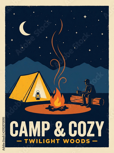 Vintage vector poster illustration of a cozy twilight woods camping scene. A person relaxes on a log by a warm campfire near a yellow tent under a starry night mountain sky.