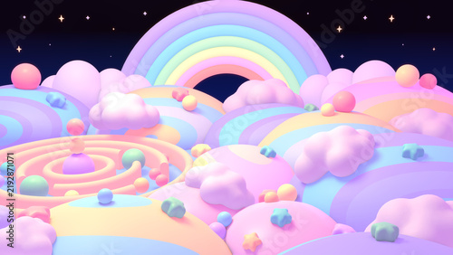 3D render of pastel dreamscape with clouds and rainbow.