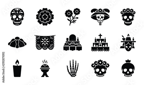Dia de los Muertos Icons Set, Day of the Dead Vector Graphics, Mexican Celebration Symbols, Sugar Skull and Marigold Illustrations