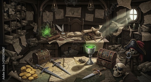 Old pirate cabin with treasure and maps