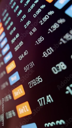 High-frequency trading, screen with stock market data, fast changing buy and sell signs, trading session. Financial markets, trading board, stockbroker, risk, up and down, volatile market.