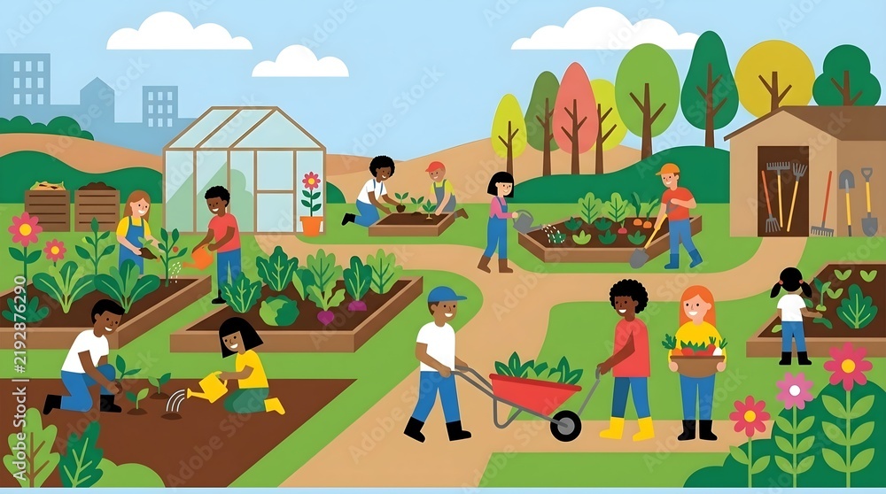 Naklejka premium Diverse community people gardening together in organic vegetable garden