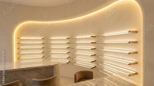 Minimalist retail display shelves with warm hidden led lighting.