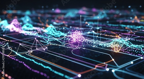 Abstract digital data visualization with glowing lines and graphs