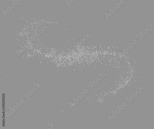 Swirling winter snowflakes and glowing particles trail on gray background. Dynamic snow flurry overlay for Christmas design
