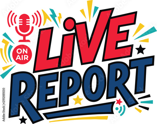 Live Report typography vector illustration with ON AIR microphone and signal waves.